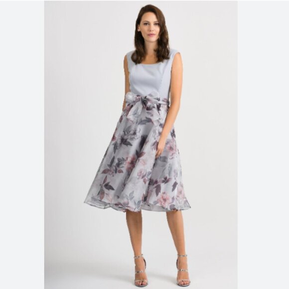 JOSEPH RIBKOFF FLORAL TAFFETA SLEEVELESS A-LINE BELTED DRESS IN SOFT BLUE - 14 - Picture 1 of 10